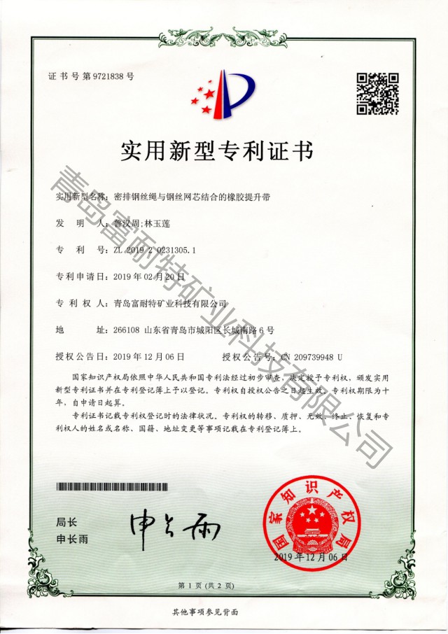 密排钢丝绳与钢丝绳芯接合的橡胶提升带 **证书
